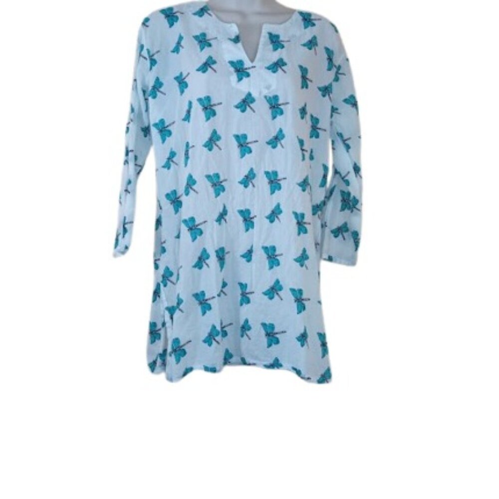 KikiSol Womens Tunic Top White Blue Dragonfly Print Lightweight Cotton L